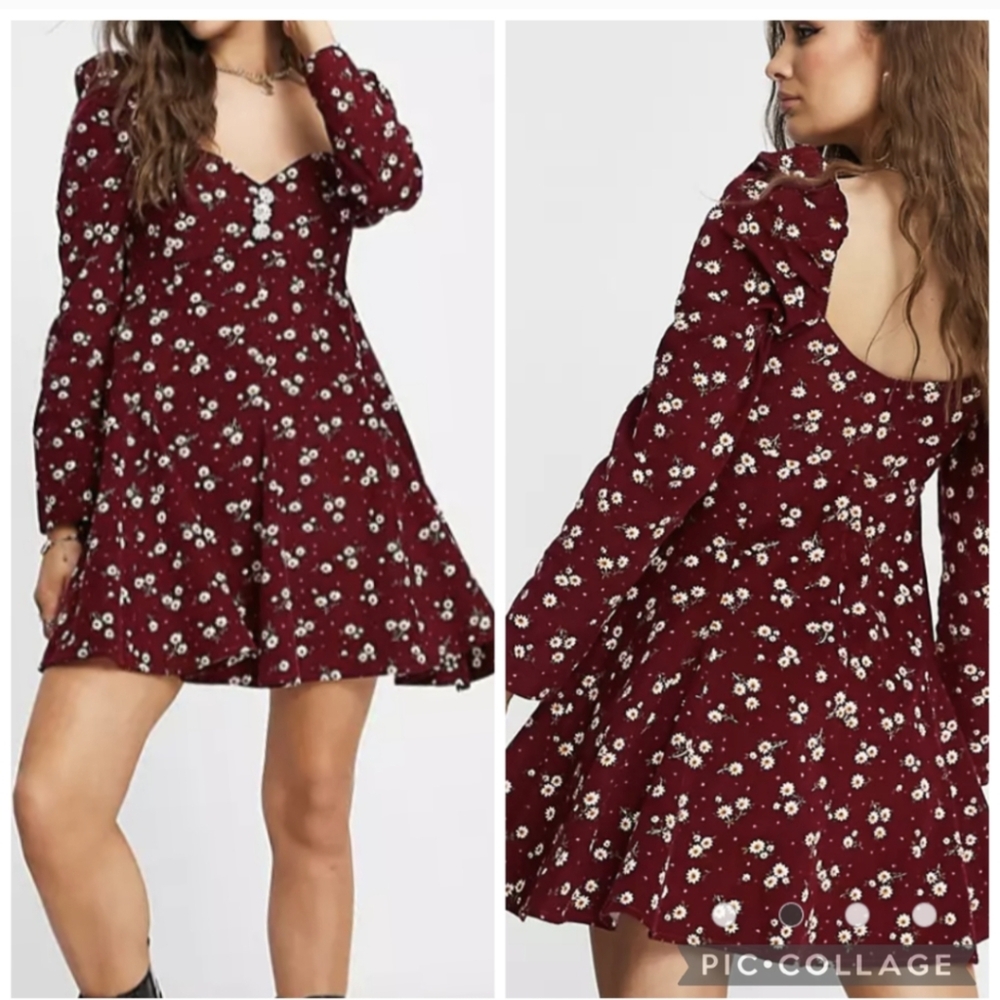 Asos Design Red Corduroy Daisy Print Long Sleeve Baby Doll Jewel Mini Dress